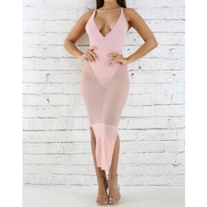Auditions Mesh Bodysuit Midi Dress Bodycon Blush Pink Plunge Neckline